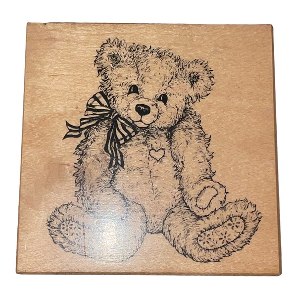 Teddy Bear PSX Rubber Stamp G-1174 Heart Ribbon Retired Wooden Mounted 3X3". - Picture 1 of 4